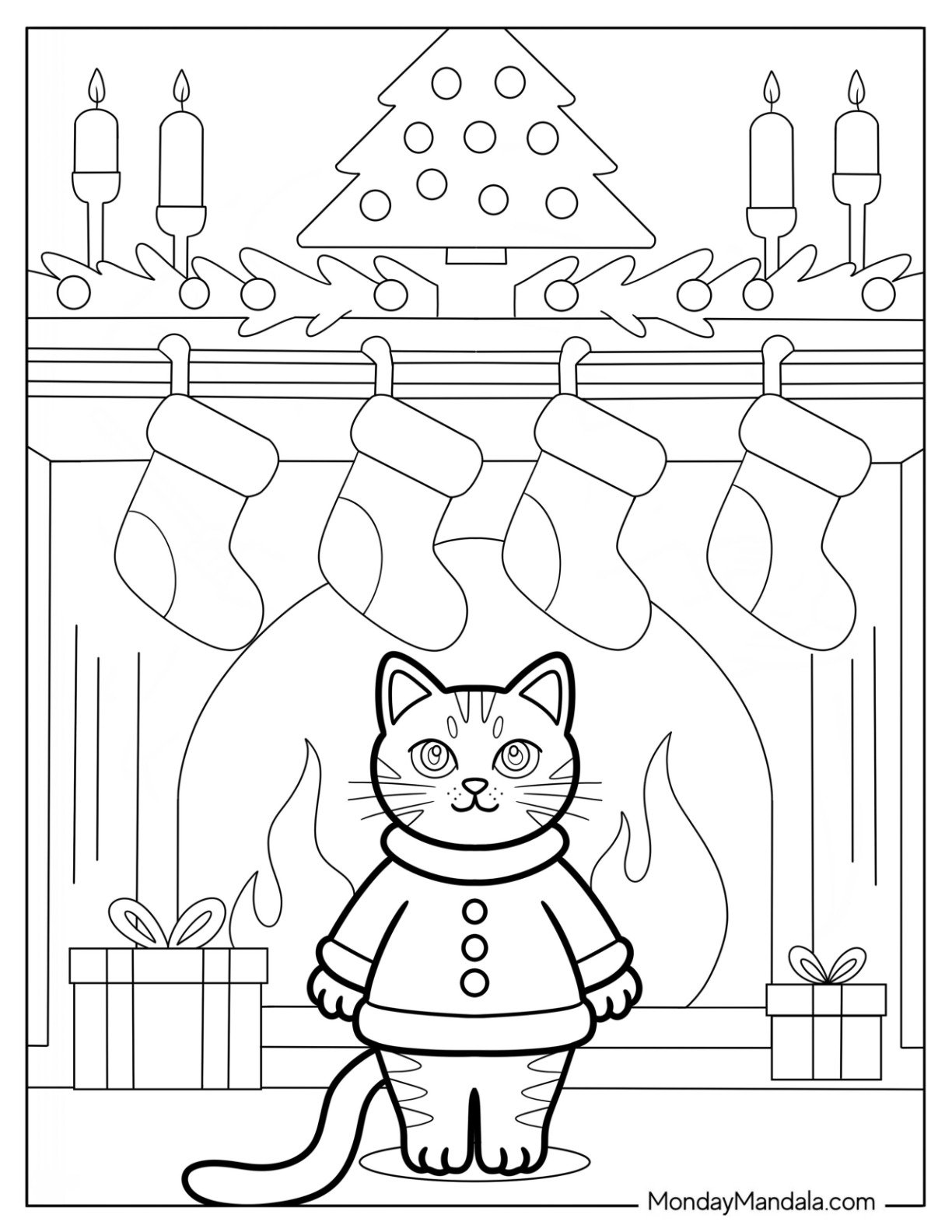 Christmas Cat Coloring Page in Sweater Standing by Fireplace with Stockings for Kids