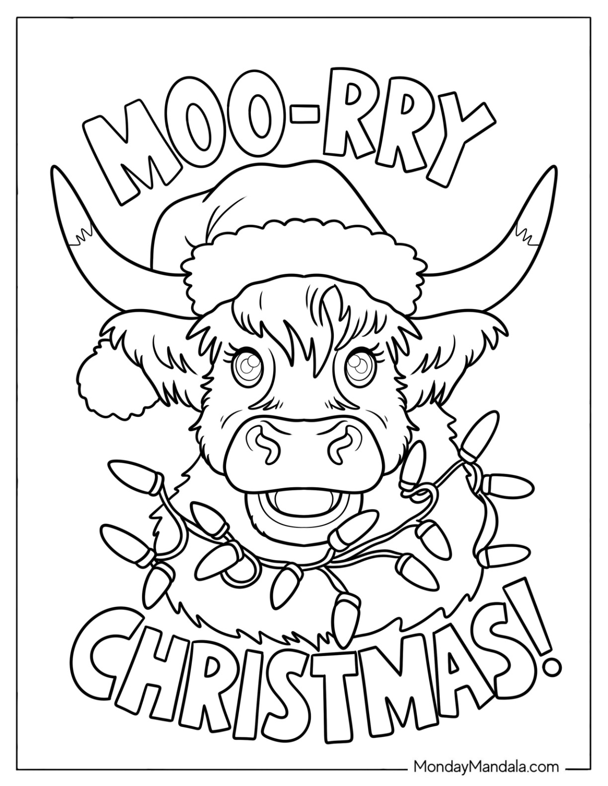 Christmas Cow in Santa Hat Covered in String Lights Coloring Sheet