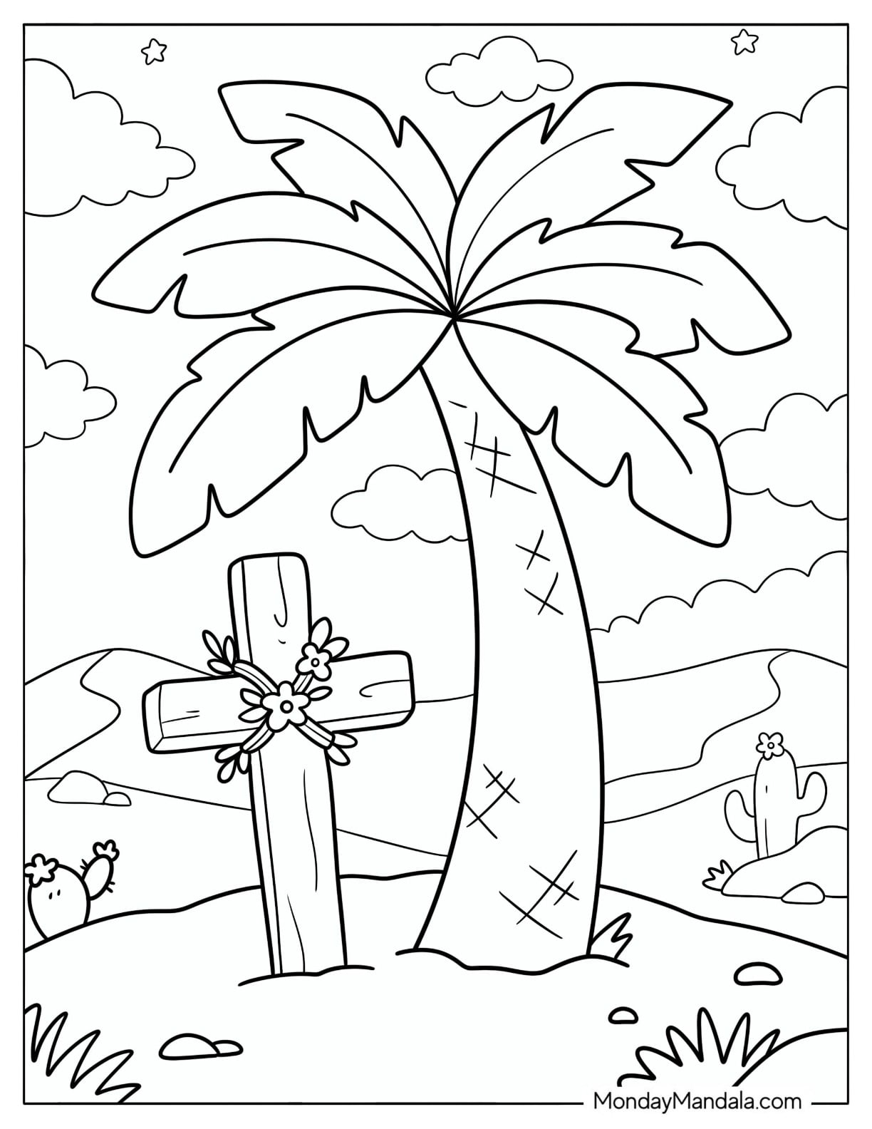 Christian Christmas Coloring Page ofCross Beneath a Palm Tree in a Desert for Kids