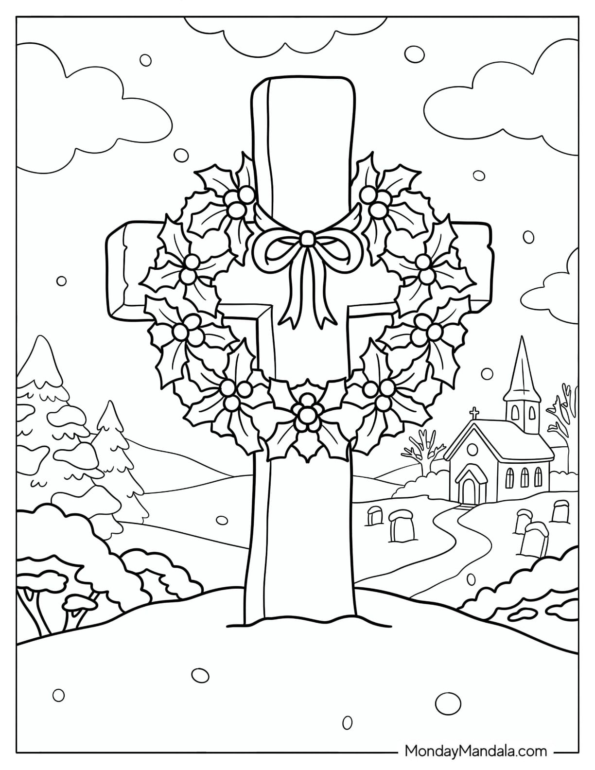 Christian Christmas Coloring Page of Cross with Holly Wreath, Bow, Snowy Village, and Church