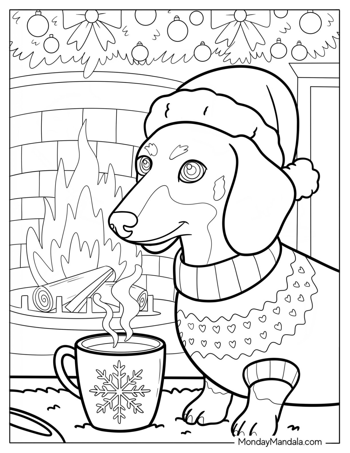 Christmas Dachshund in Sweater and Santa Hat by Fireplace with Hot Cocoa Coloring Page