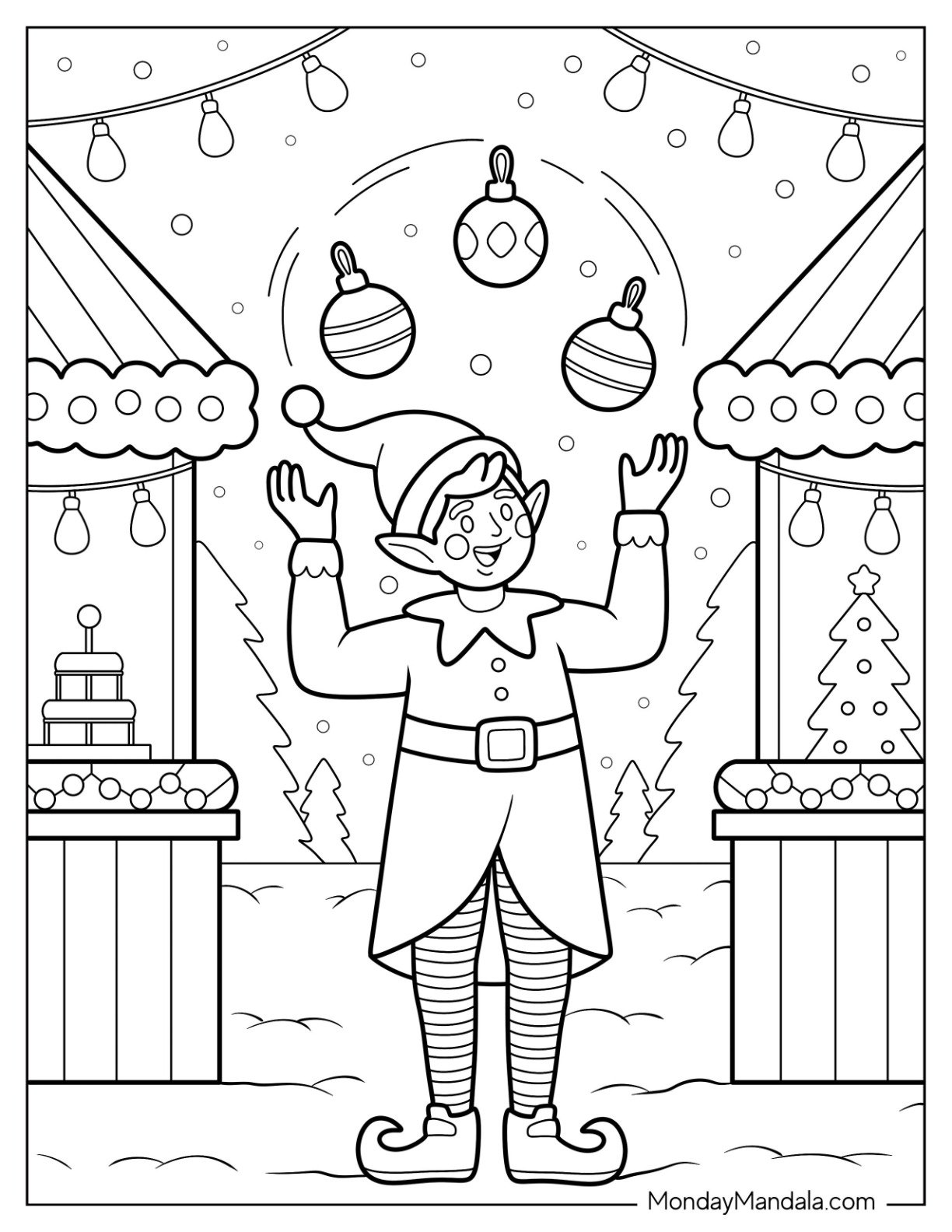 Christmas Elf Coloring Page Juggling Ornaments At Holiday Market