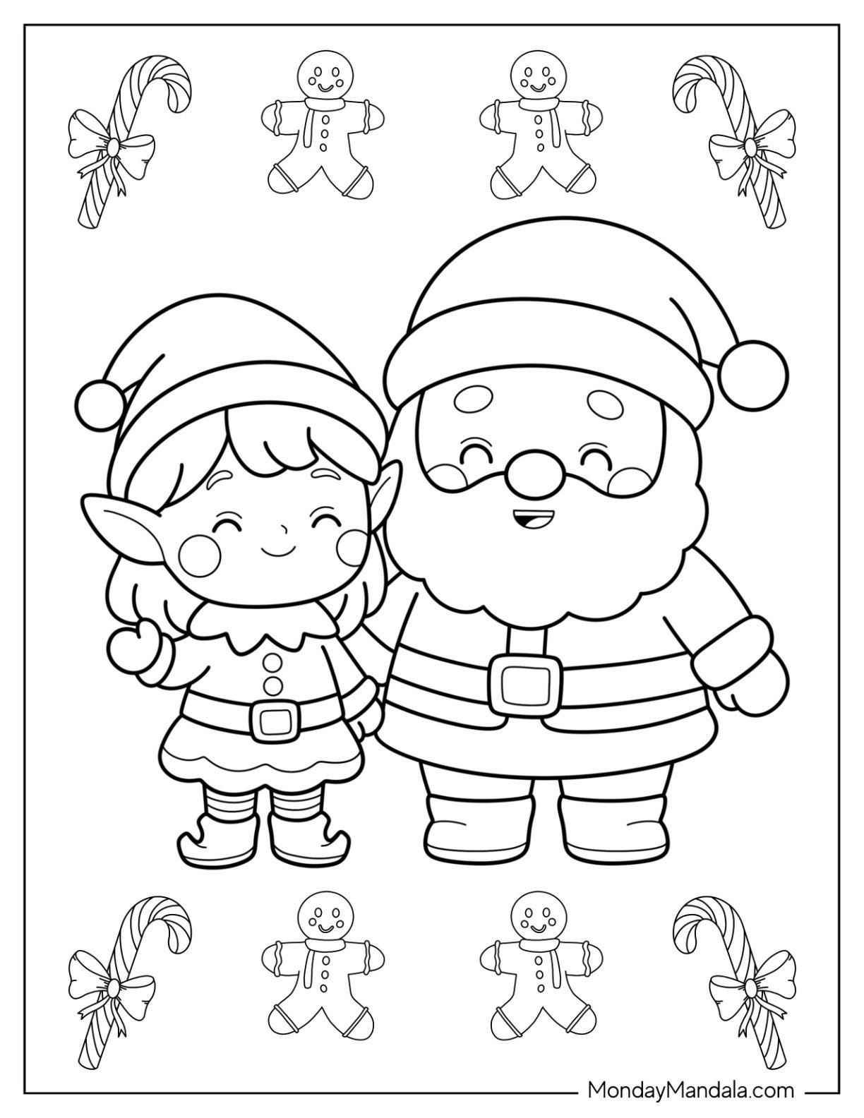 Christmas Elf Coloring Page and Santa Surrounded by Candy Canes and Gingerbread Men For Preschoolers