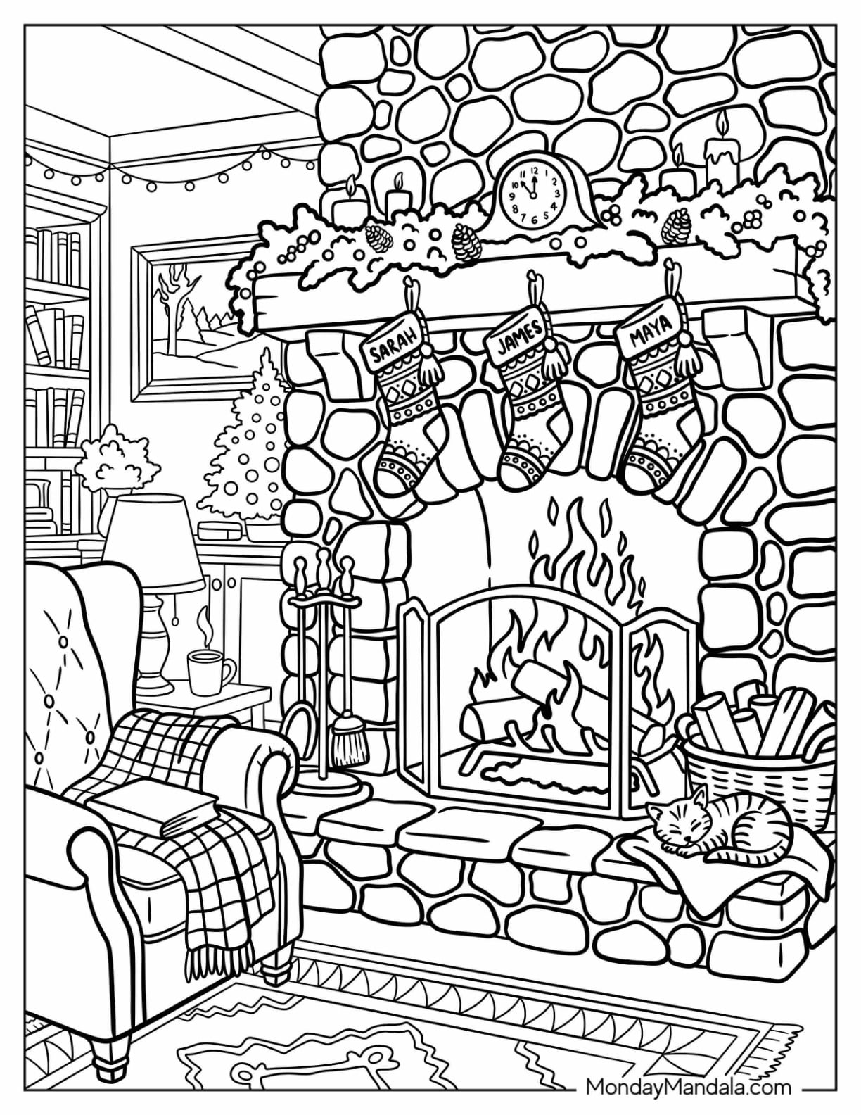 Christmas Fireplace with Stockings, Garland, and Cozy Decorations Christmas for Adults Coloring Page