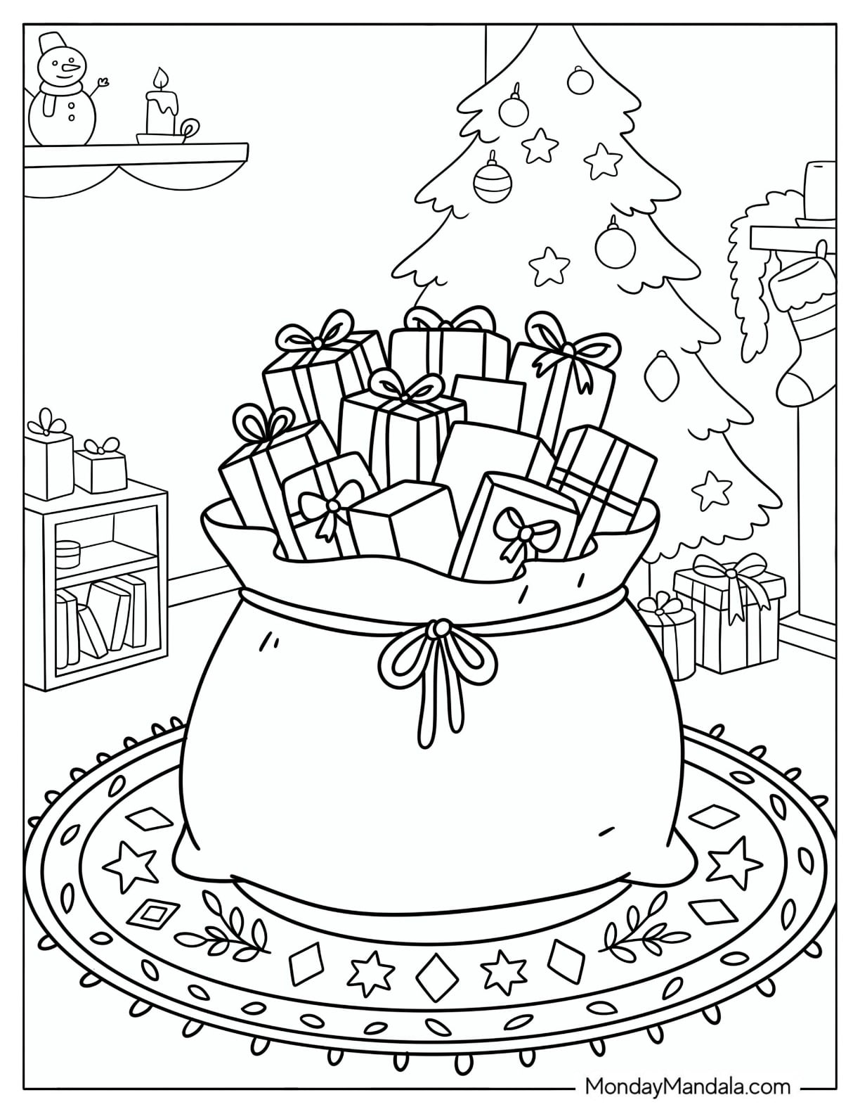 Christmas Gift Sack Filled with Presents Beside a Decorated Tree Coloring Page
