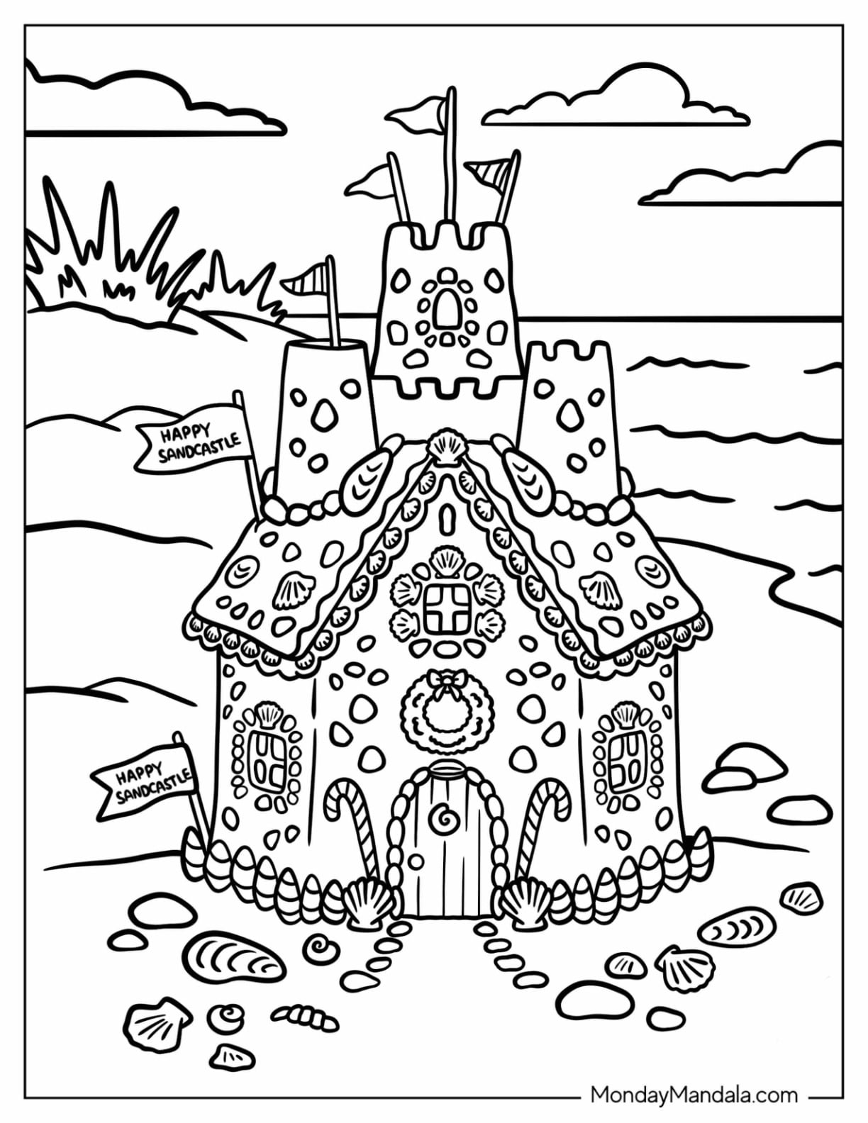 Christmas in July Coloring Page of Gingerbread Sandcastle on the Beach for Kids