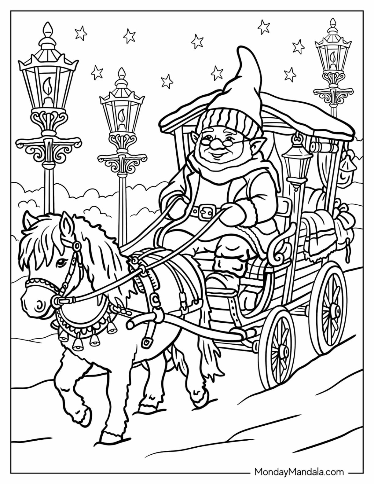 Christmas Gnome Coloring Page Driving a Carriage