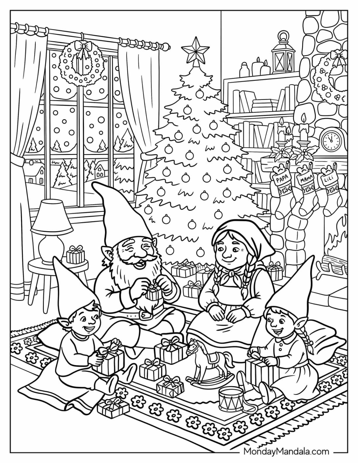 Christmas Gnome Coloring Page Family Opening Presents