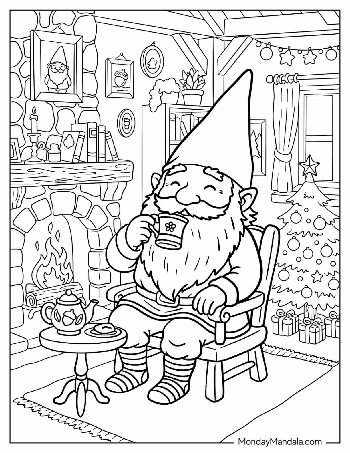 Christmas Gnome Coloring Page Having Tea by the Fireplace