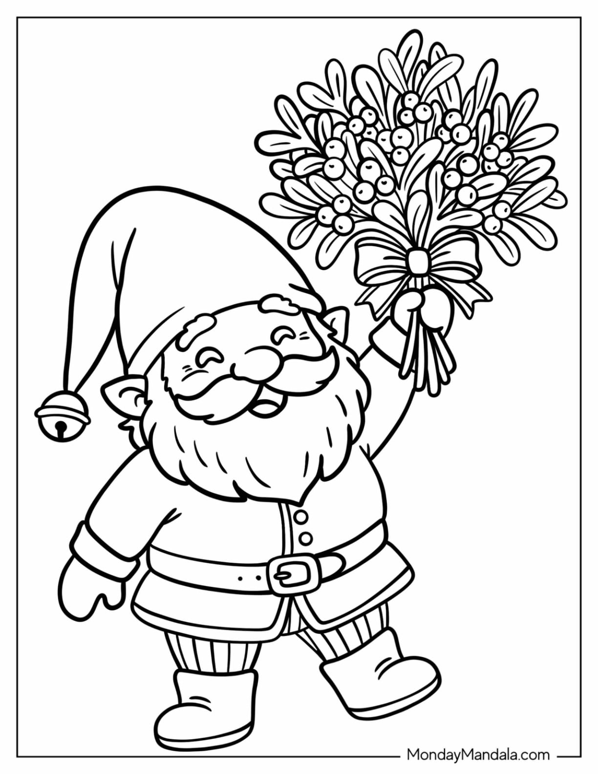 Christmas Gnome Coloring Page Holding a Holly Bouquet