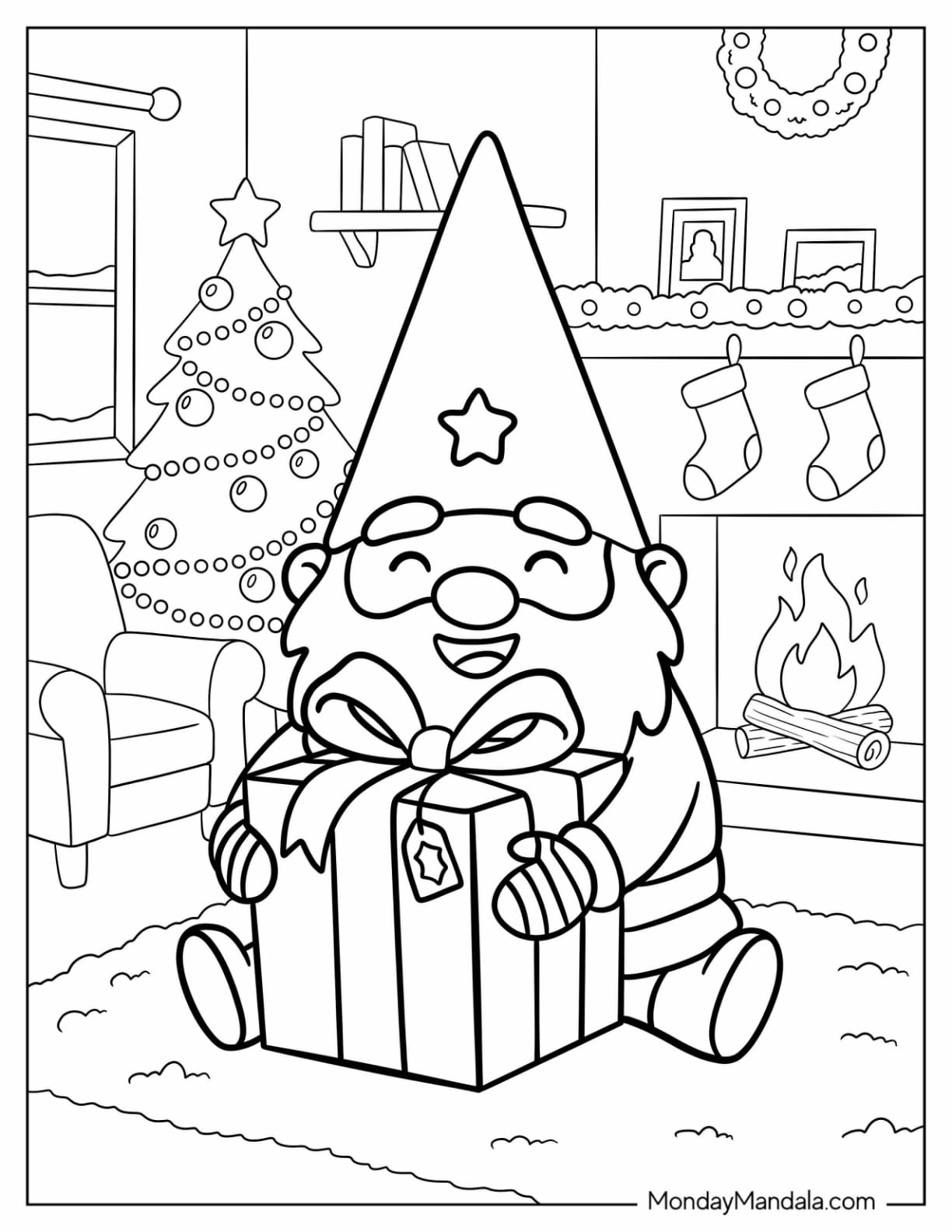 Christmas Gnome Coloring Page Hugging a Present by the Fireplace