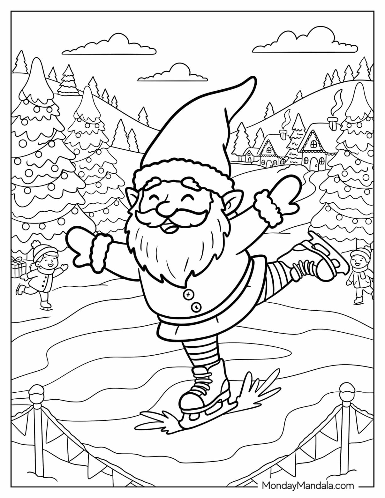 Christmas Gnome Coloring Page Ice Skating in the North Pole