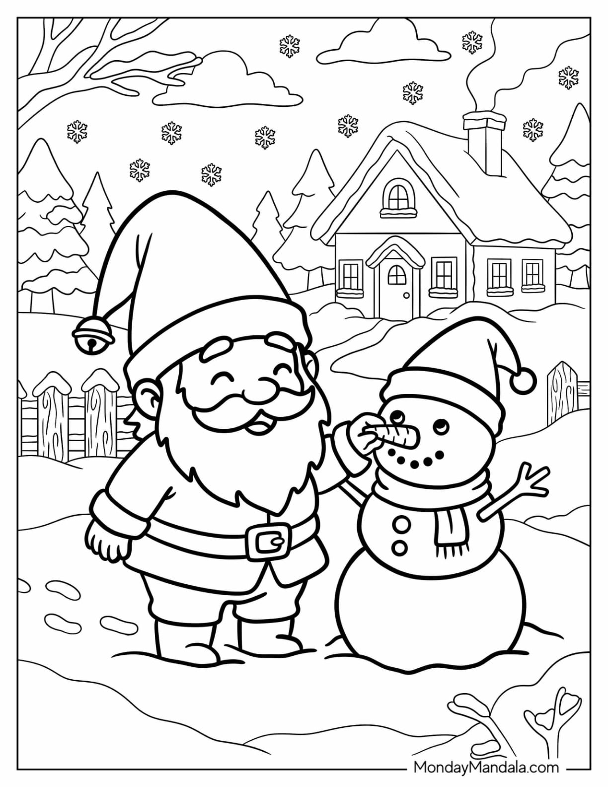 Christmas Gnome Coloring Page Making a Snowman for Kids