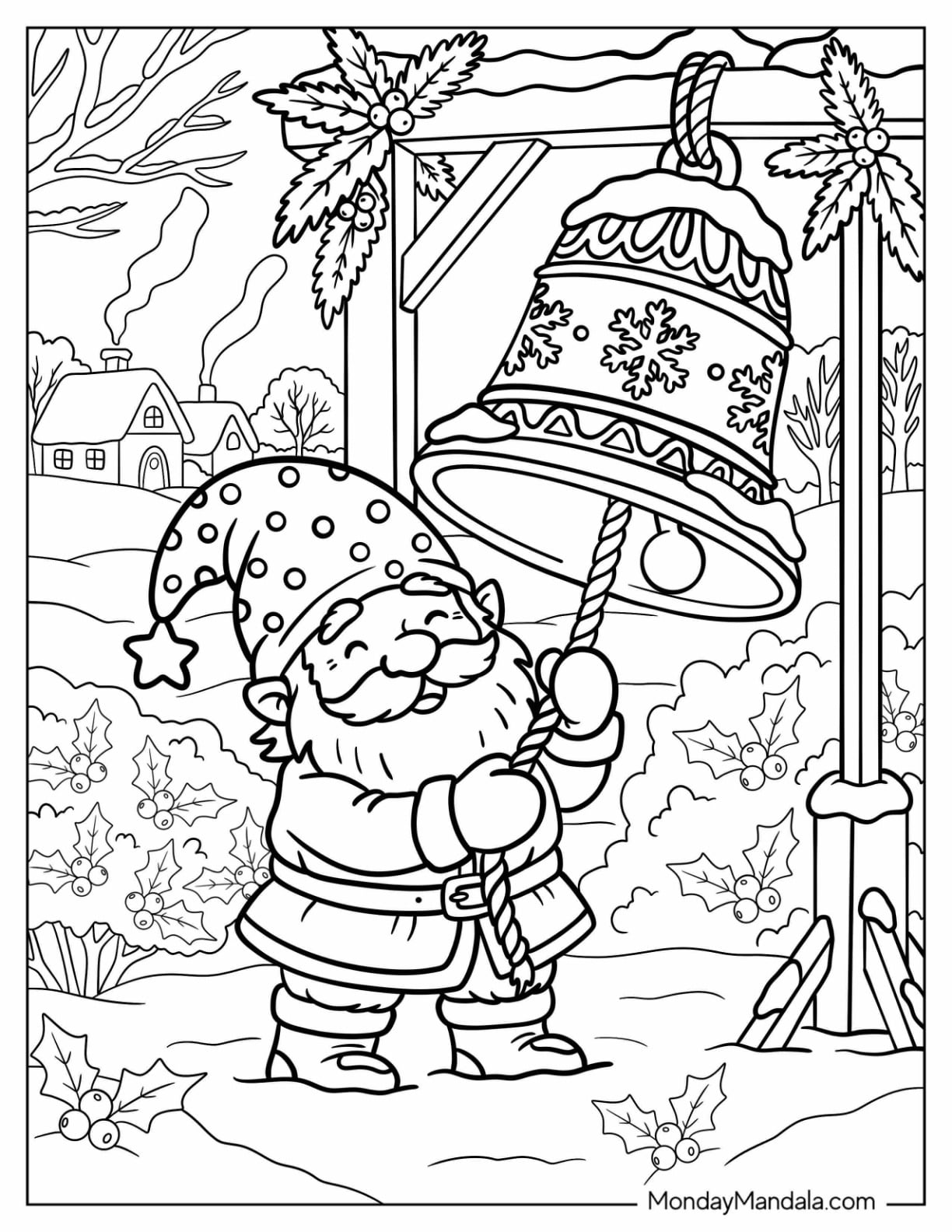 Christmas Gnome Coloring Page Ringing the Church Bell