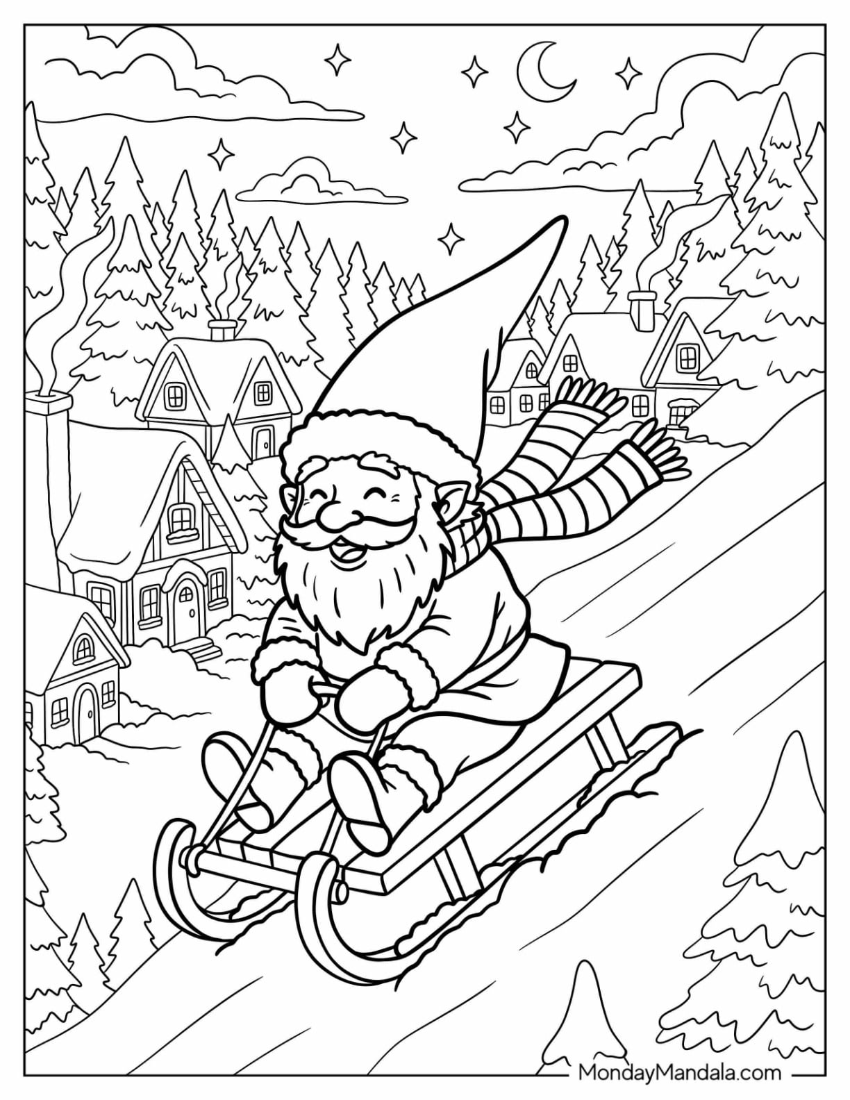 Christmas Gnome Coloring Page Sledding in Winter Village