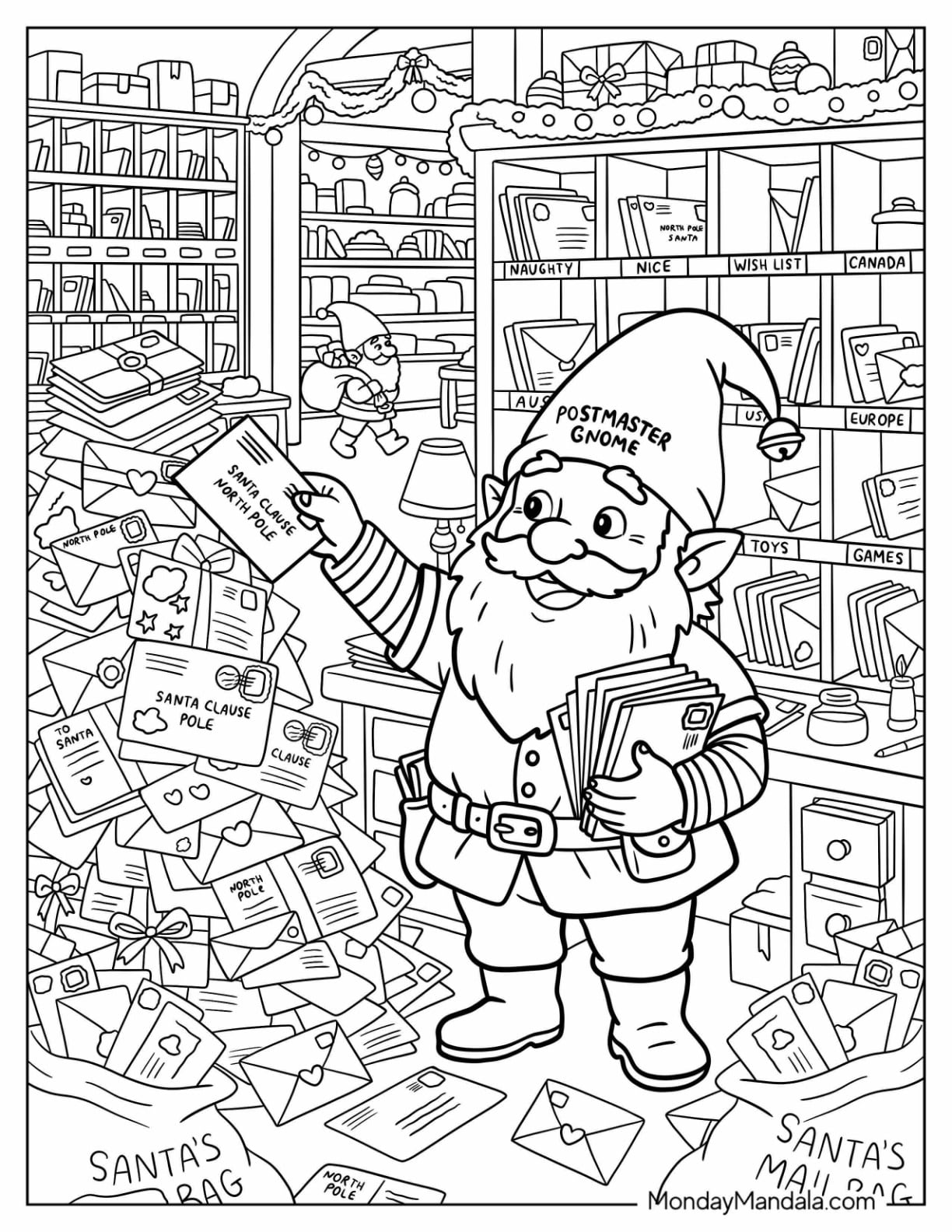 Christmas Gnome Coloring Page Sorting Mail