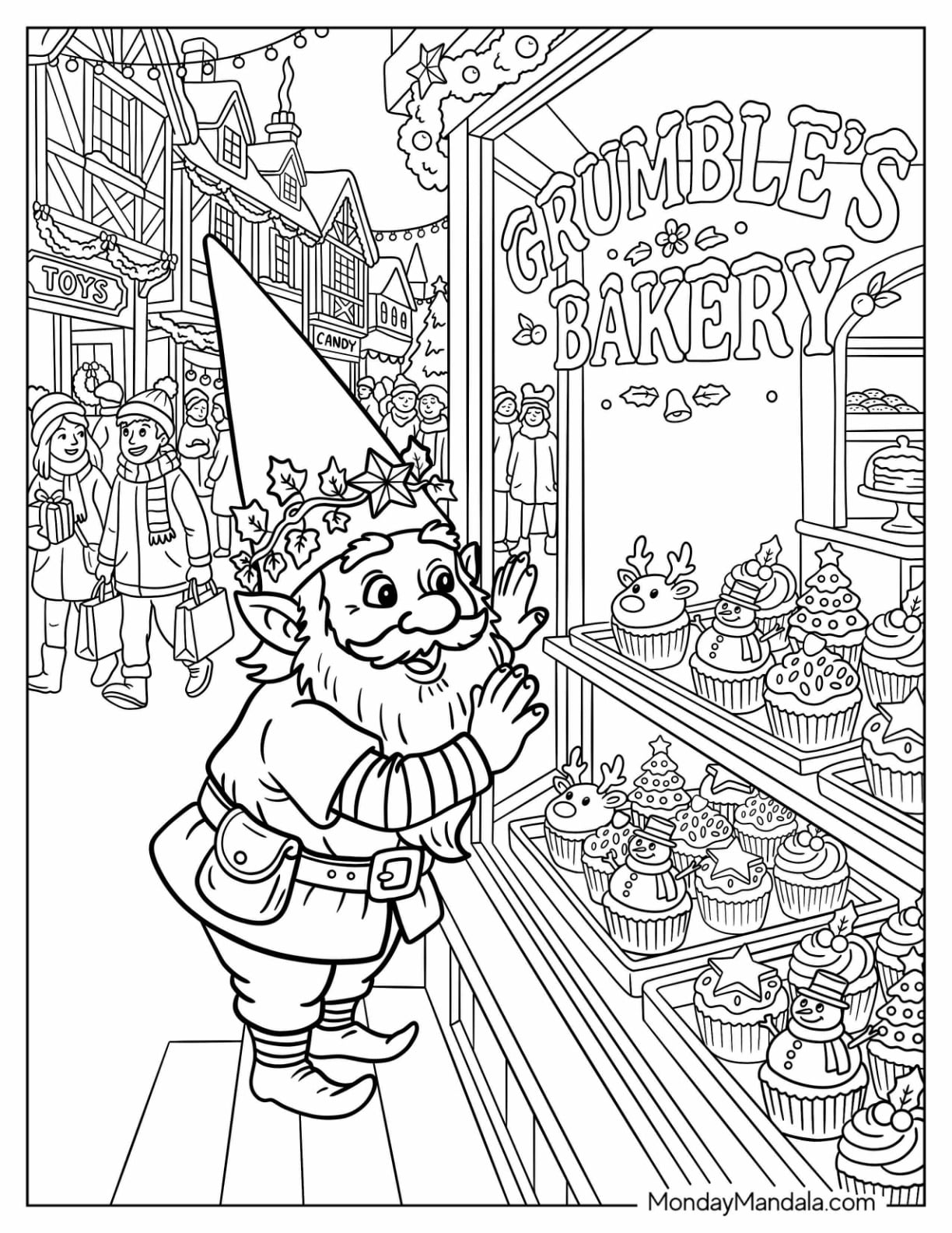 Christmas Gnome Staring at Cupcakes Coloring Sheet
