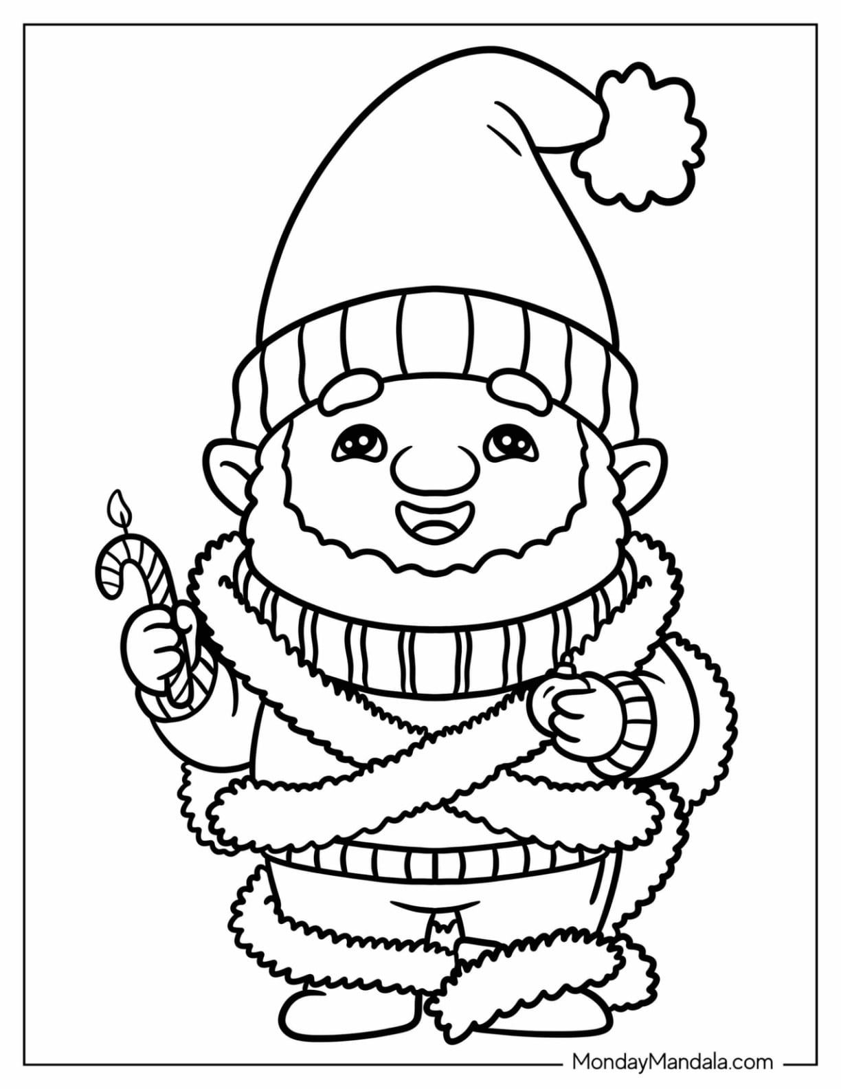 Christmas Gnome Wrapped in Garland Coloring Page for Kids