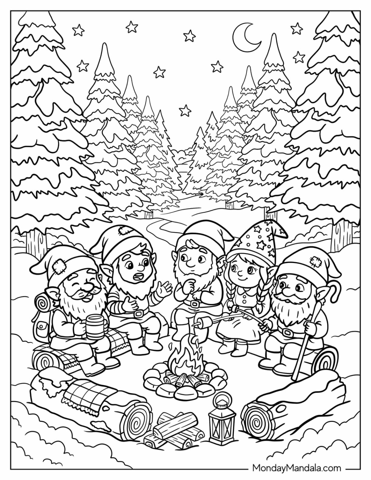 Christmas Gnome Coloring Page Telling Campfire Stories