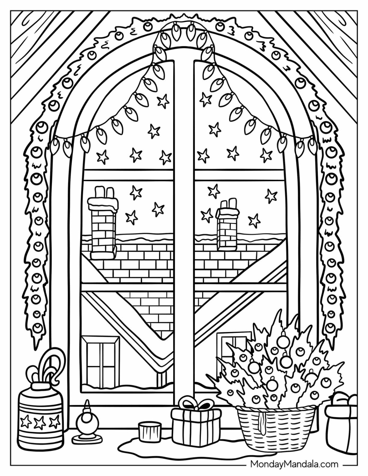 Christmas Lights Coloring Page Framing A Window with Decor and Starry View