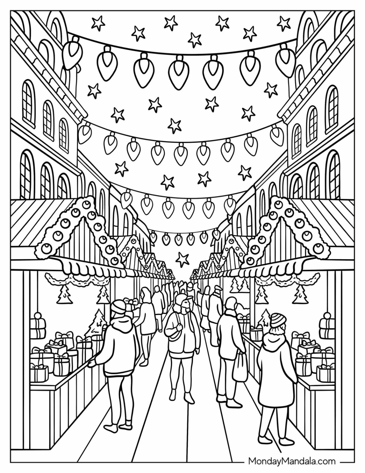 Christmas Lights Coloring Page Hanging Over Night Market