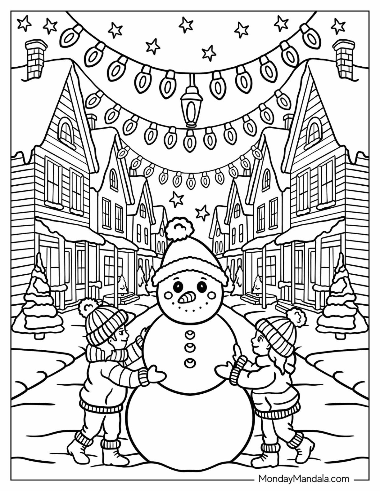 Christmas Lights Coloring Page Hanging Over Winter Town While Girls Make a Snowman