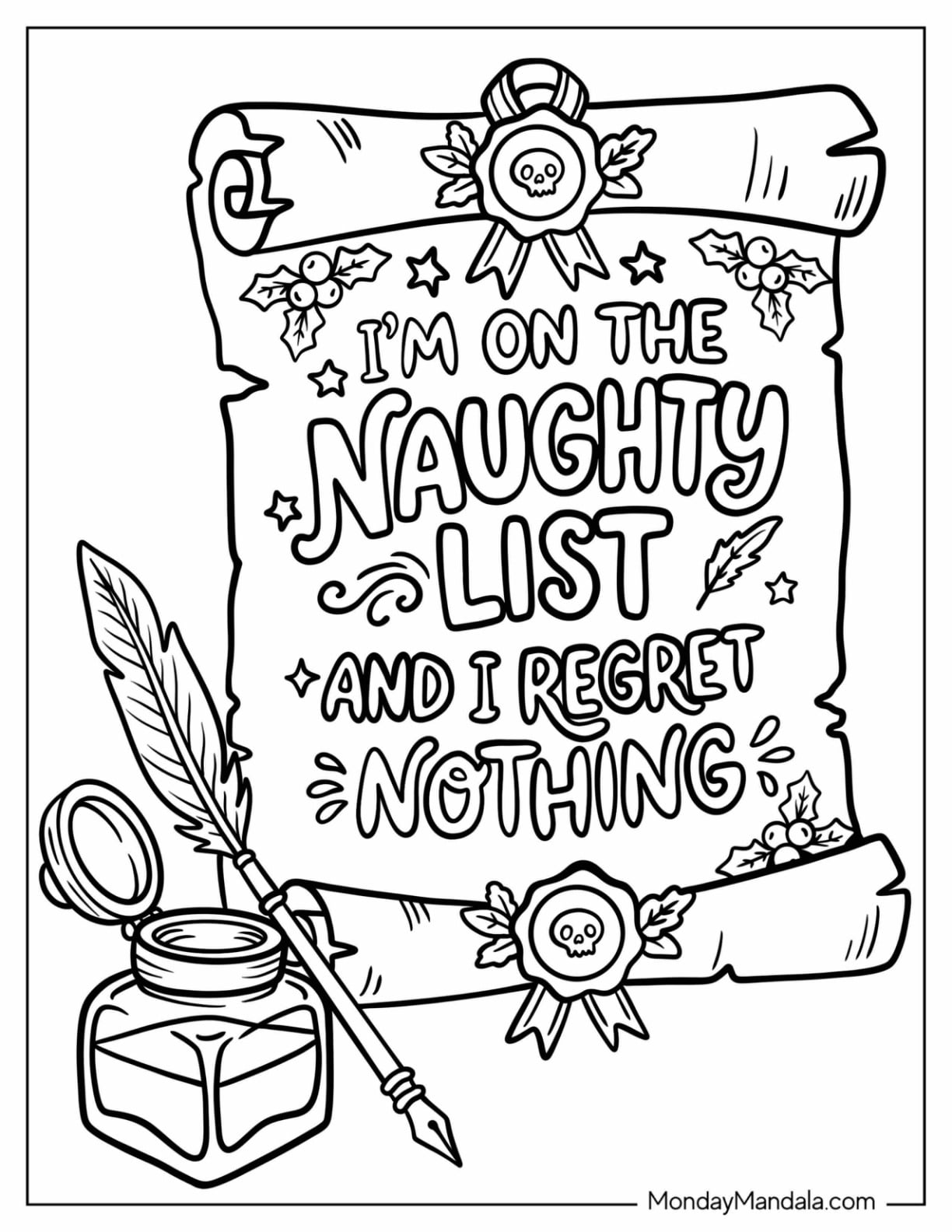 Christmas Naughty List Scroll with Quill and Ink Christmas for Adults Coloring Page