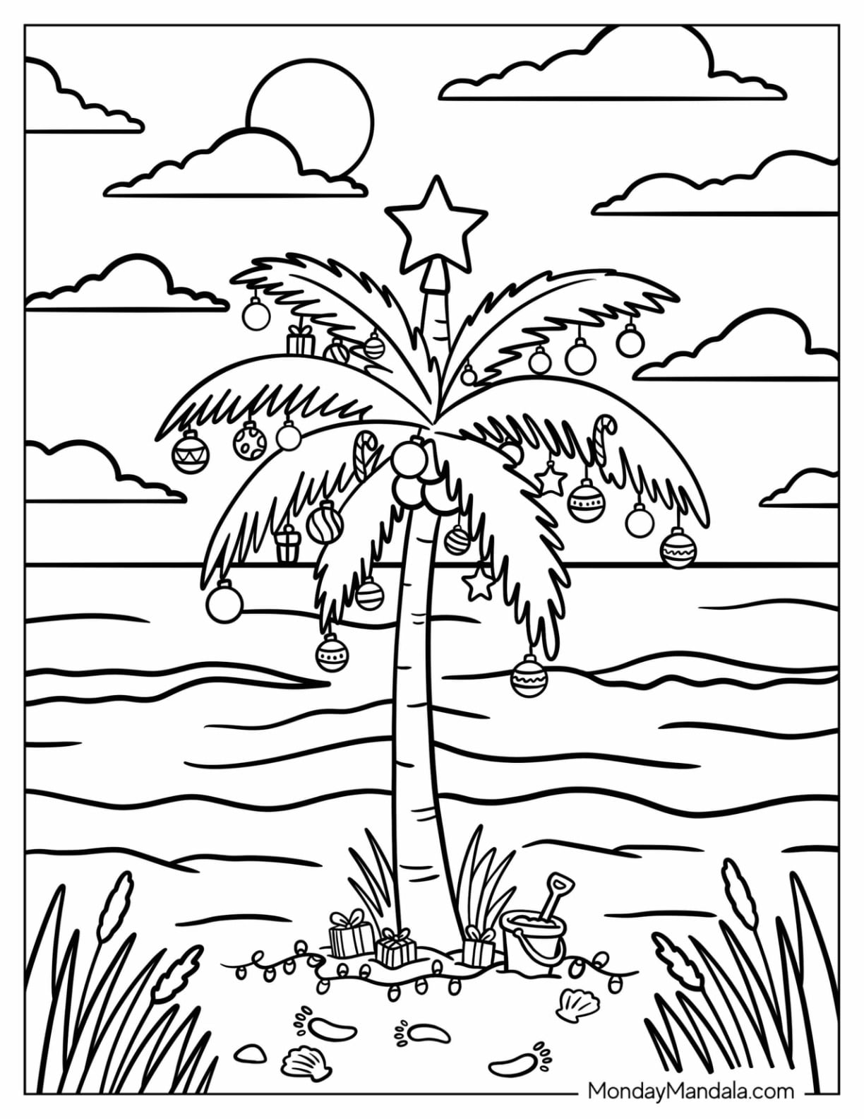 Christmas in July Coloring Page of Palm Tree Decorated With Ornaments