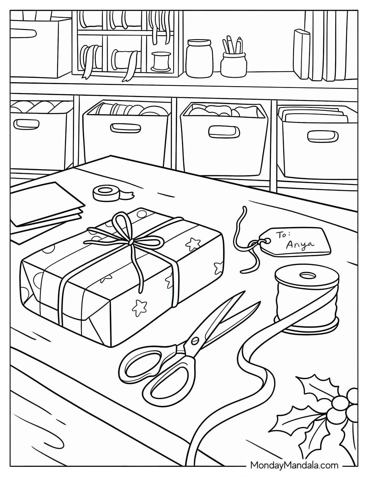 Christmas Present Being Wrapped with Ribbon and Gift Tag