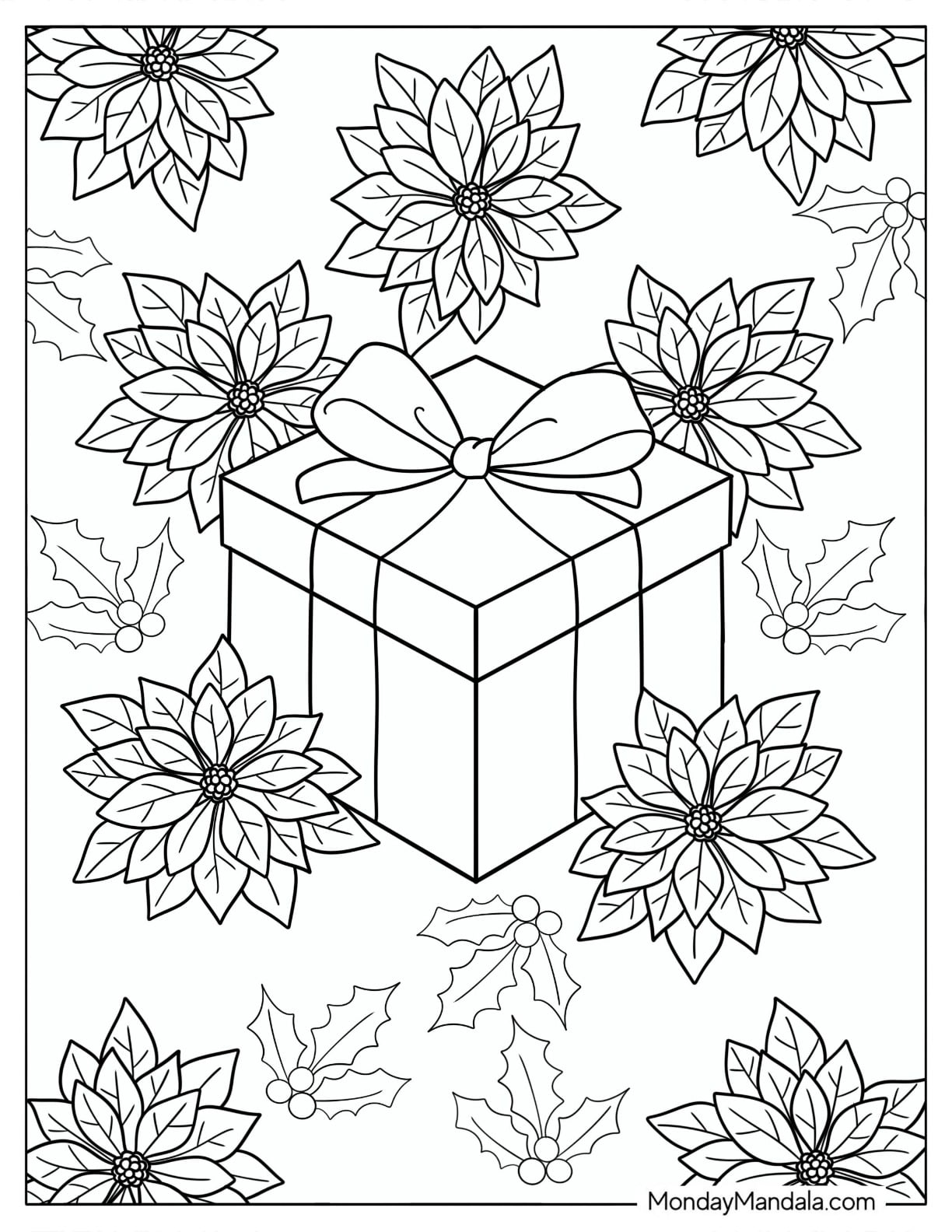 Christmas Present Surrounded by Poinsettias and Holly Coloring Sheet