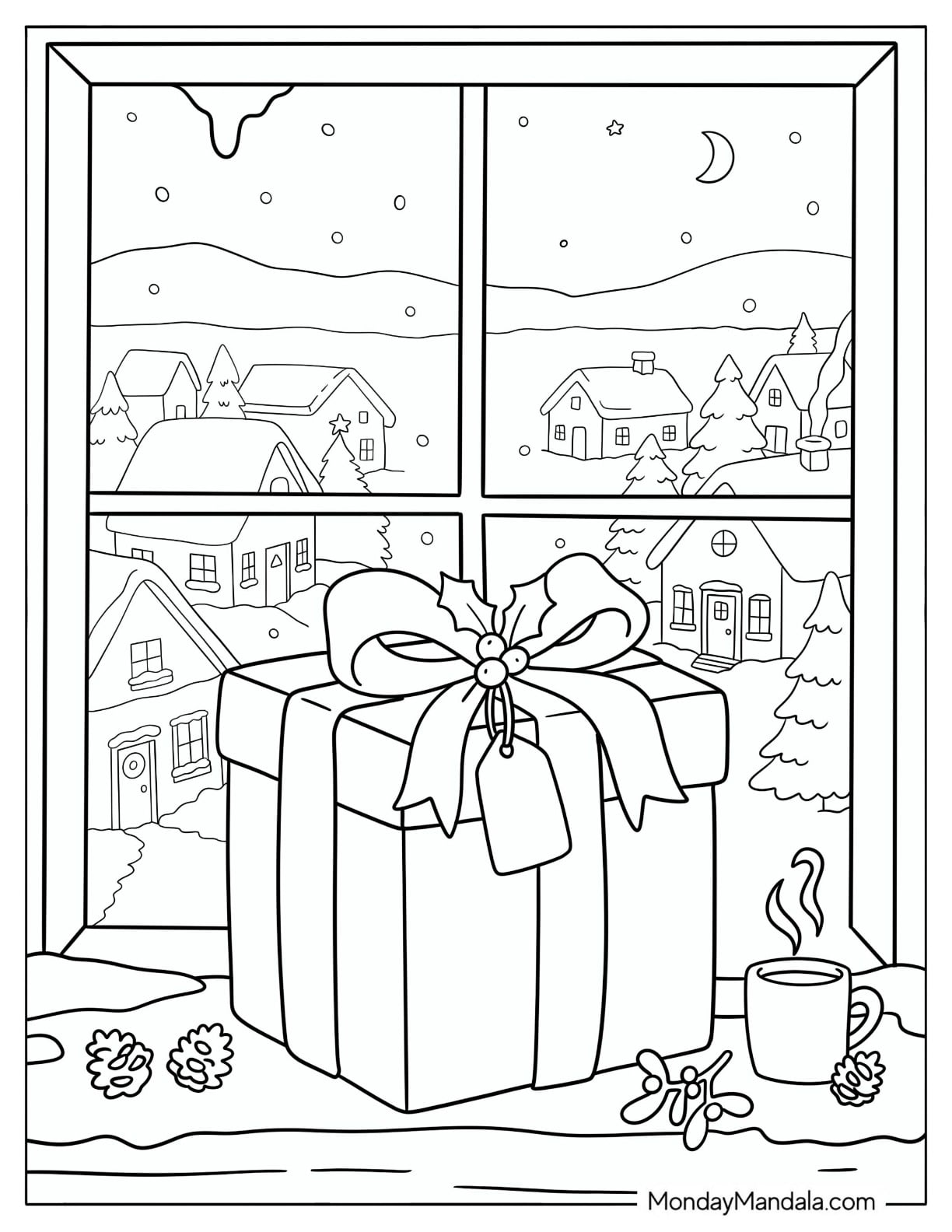 Christmas Present on a Windowsill Overlooking a Snowy Village Coloring Sheet