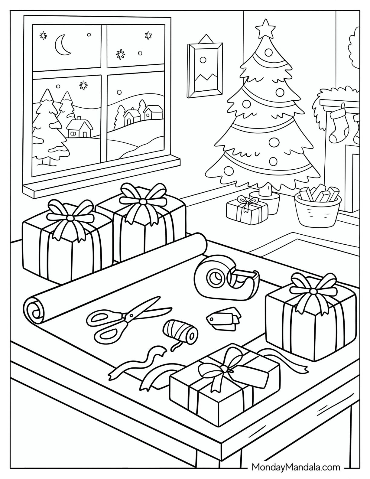 Christmas Presents Being Wrapped on a Craft Table Coloring Page for Kids