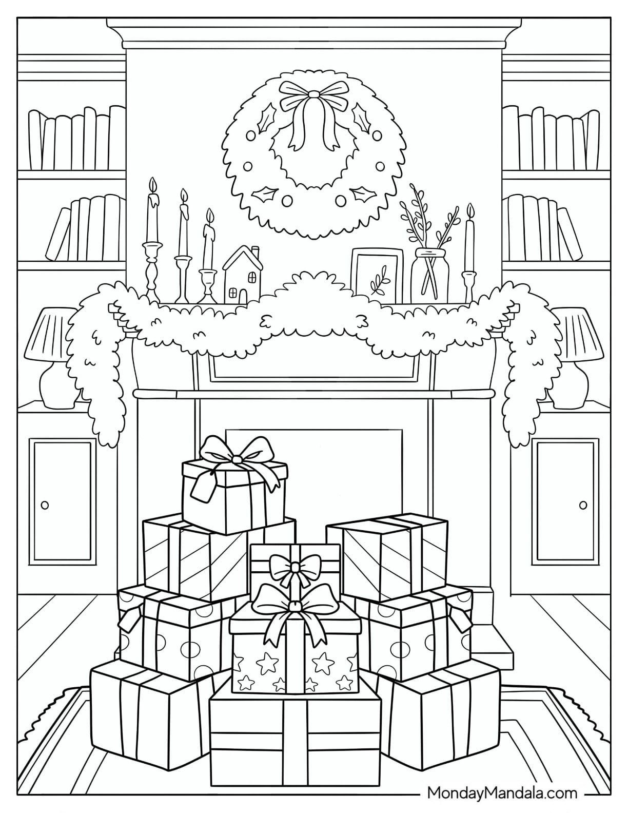 Christmas Presents Stacked Beneath a Festive Fireplace Mantel Coloring Page