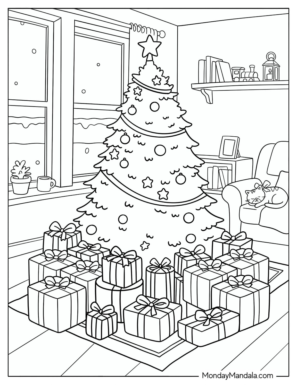 Christmas Presents Surrounding a Decorated Tree Coloring Sheet