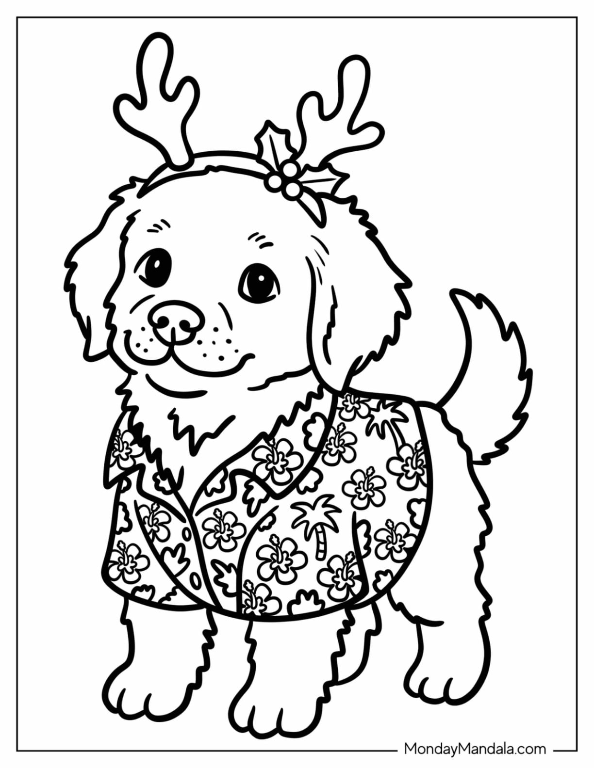 Christmas in July Coloring Page of Puppy Wearing Reindeer Antlers and Hawaiian Shirt for Kids