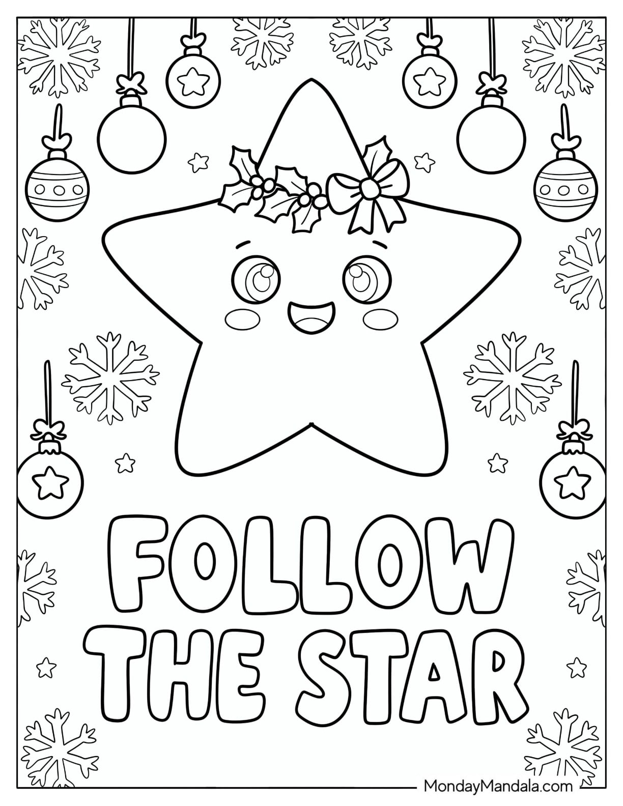 Christian Christmas Coloring Page of Star with Holly Bow and Baubles for Kids