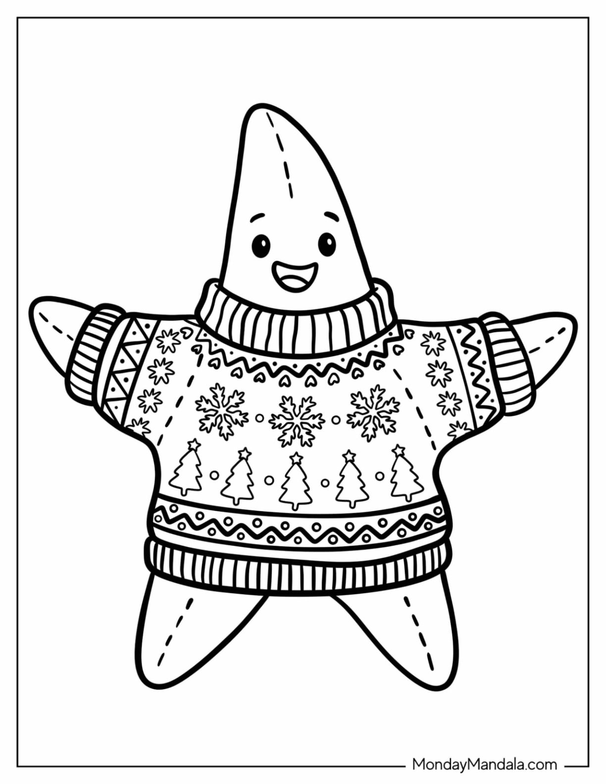 Christmas in July Coloring Page of Christmas Starfish Wearing Ugly Christmas Sweater for Preschoolers