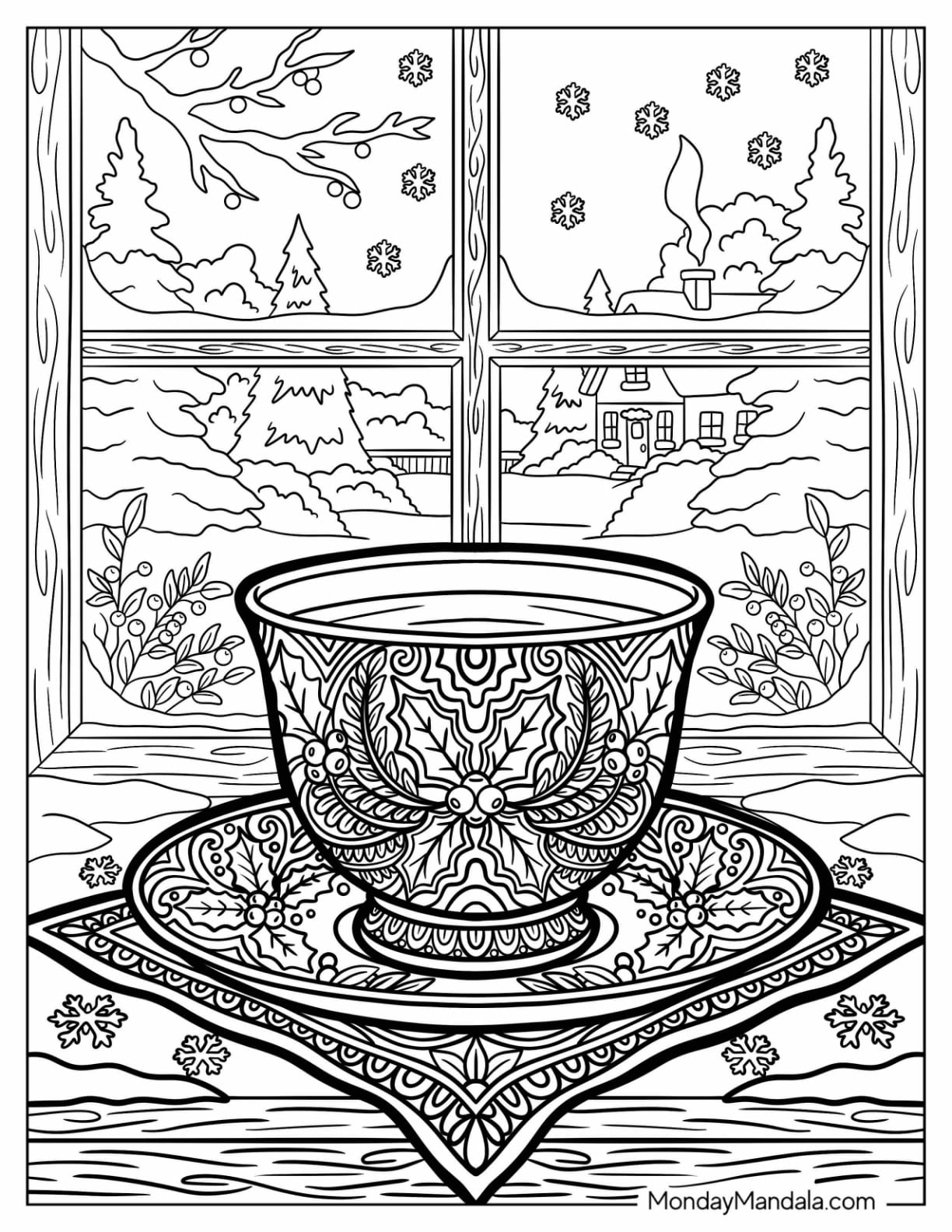 Christmas Teacup with Intricate Floral Patterns by a Snowy Window
