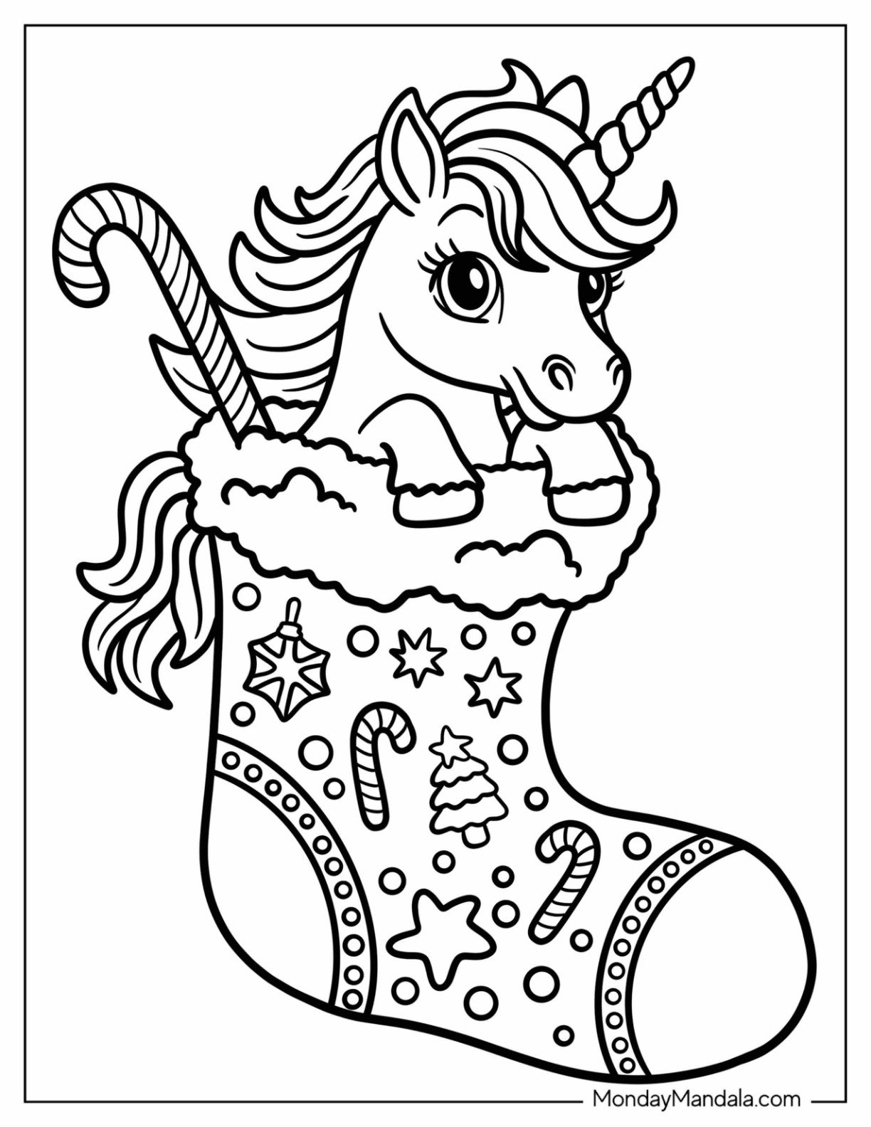 Christmas Unicorn Coloring Page in a Stocking with Candy Canes and Decor for Kids