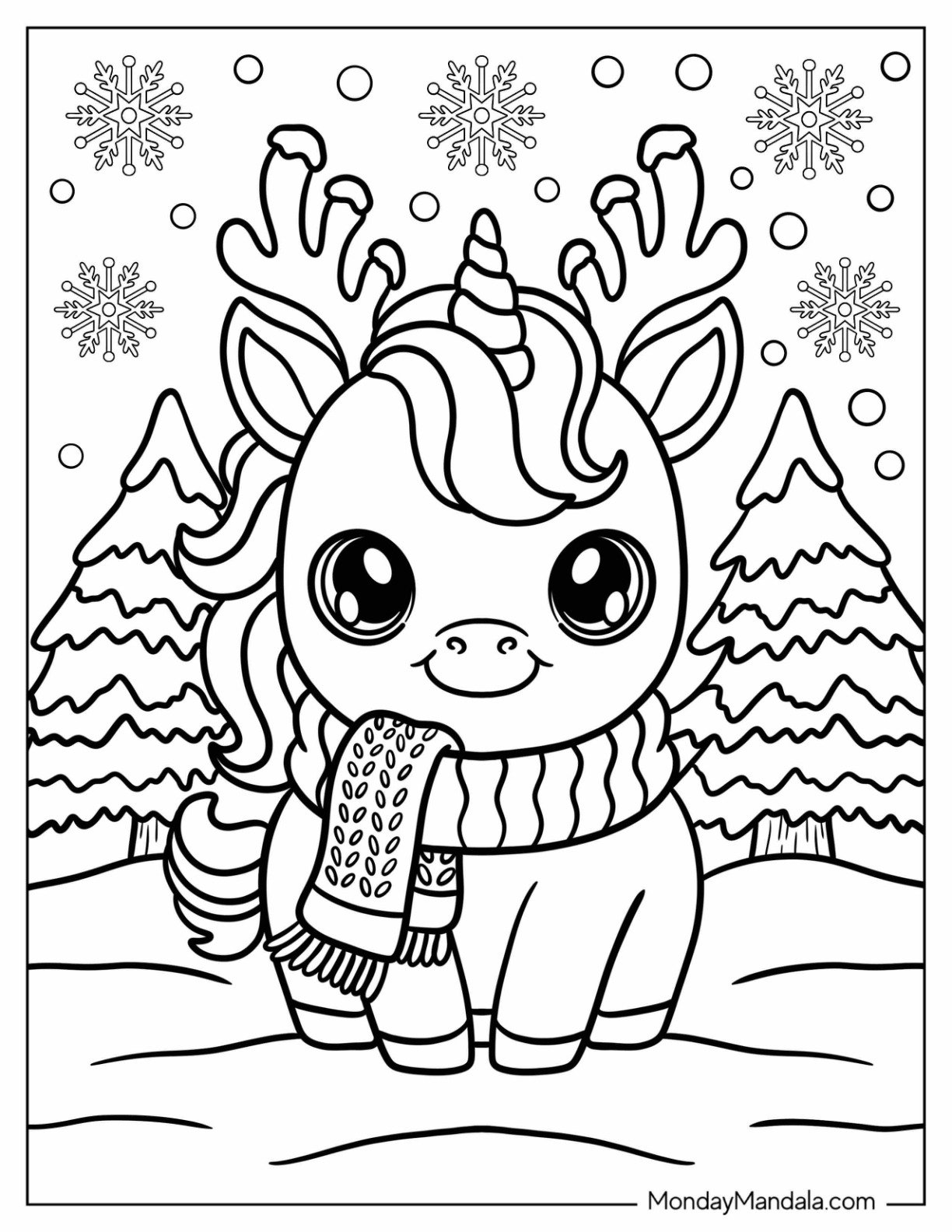 Christmas Unicorn Coloring Page with a Scarf in a Winter Forest for Preschoolers