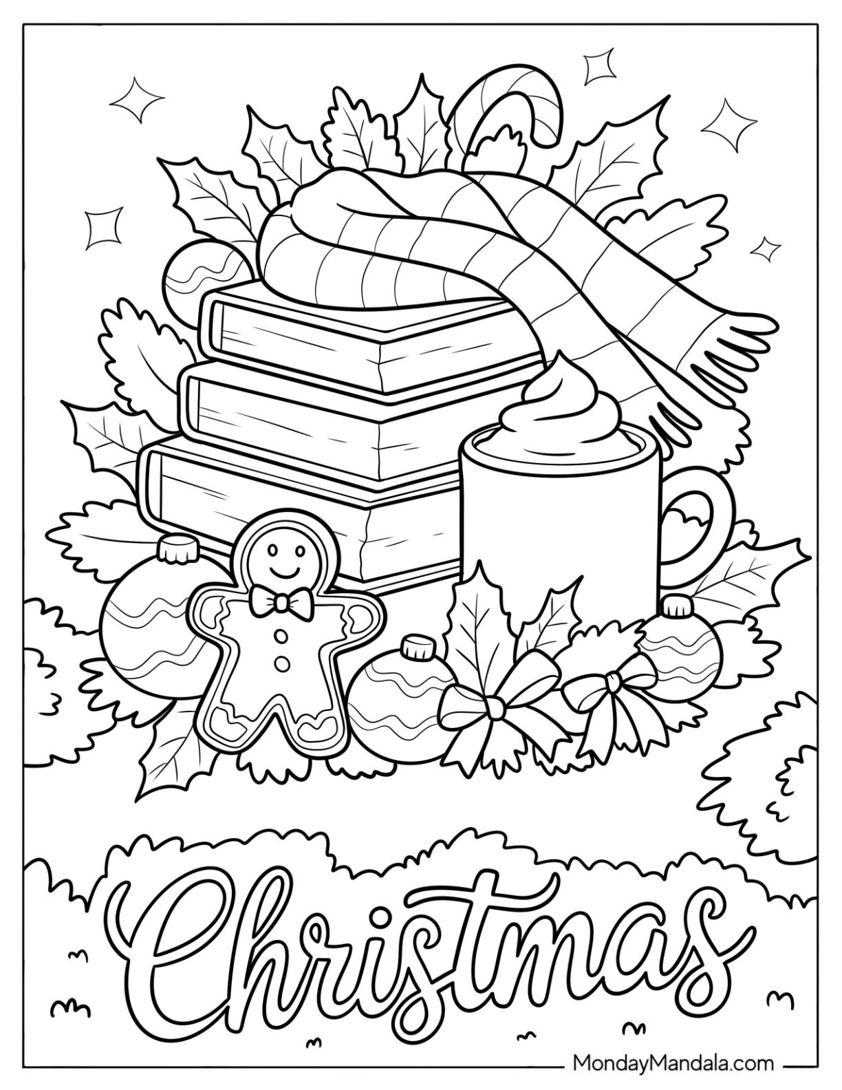 Christmas Wreath with Books, Scarf, Baubles, Hot Chocolate, and Gingerbread Man