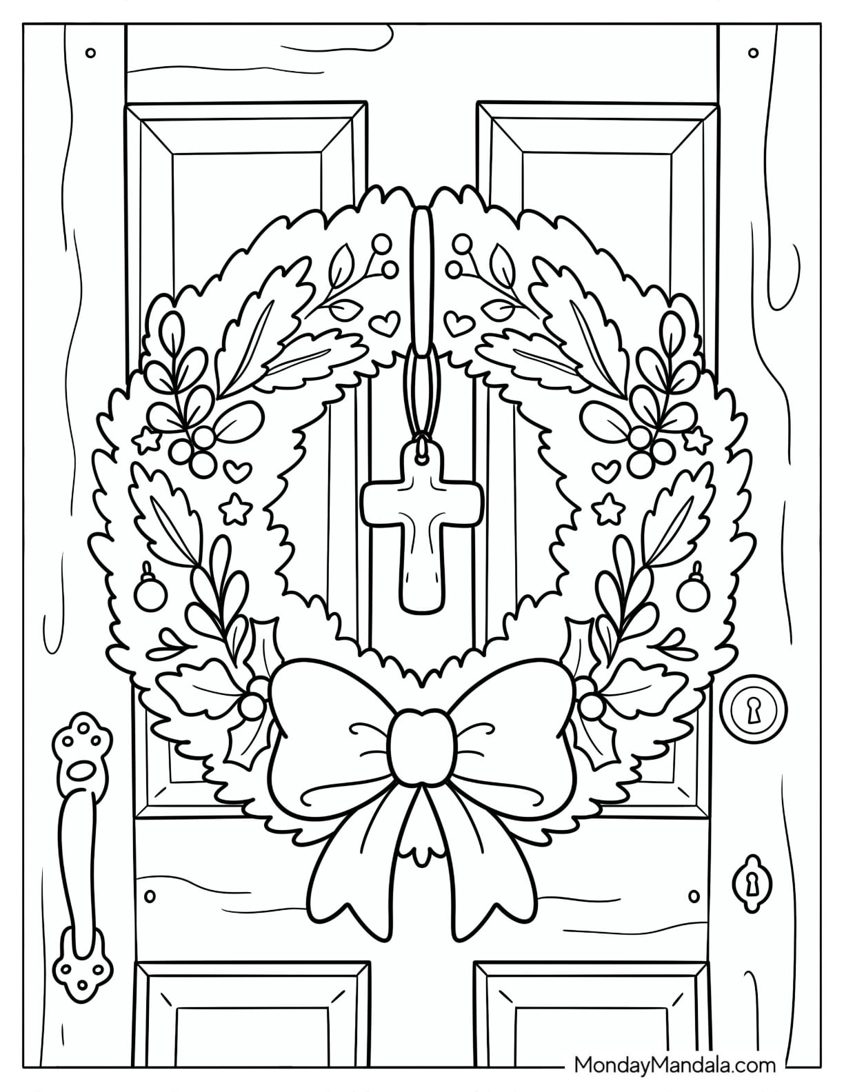 Christian Christmas Coloring Page of Wreath with Cross Decoration on a Wooden Door