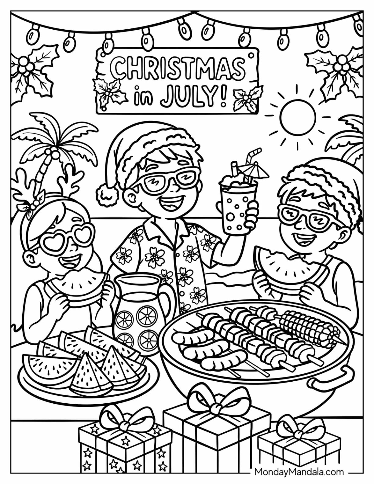 Christmas in July Coloring Page of Barbecue Party with Santa Hats