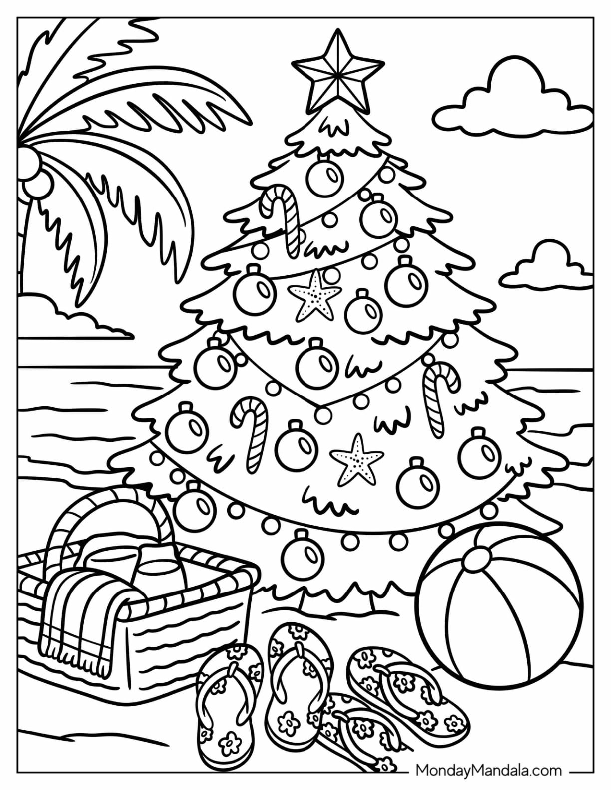 Christmas in July Coloring Page of Beach Christmas Tree for Kids