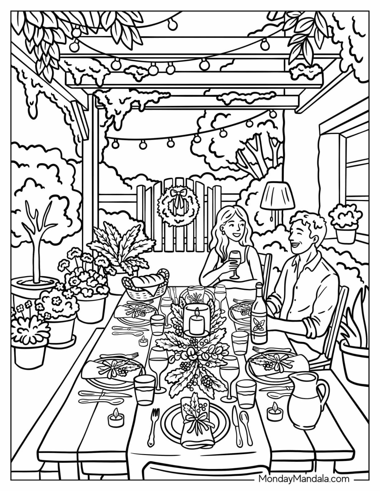 Christmas in July Coloring Page of Dinner Party on a Decorated Patio