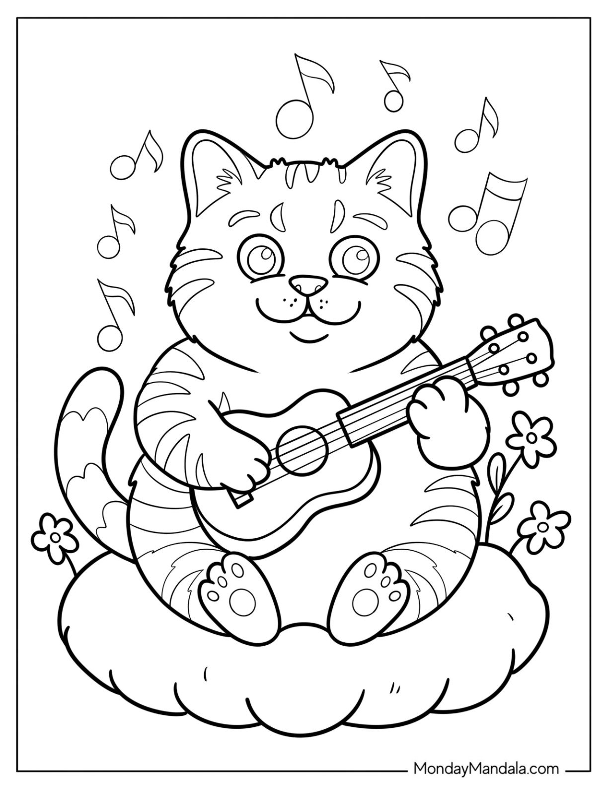 Chubby Cat Coloring Page Playing the Guitar with Flowers and Musical Notes for Kids