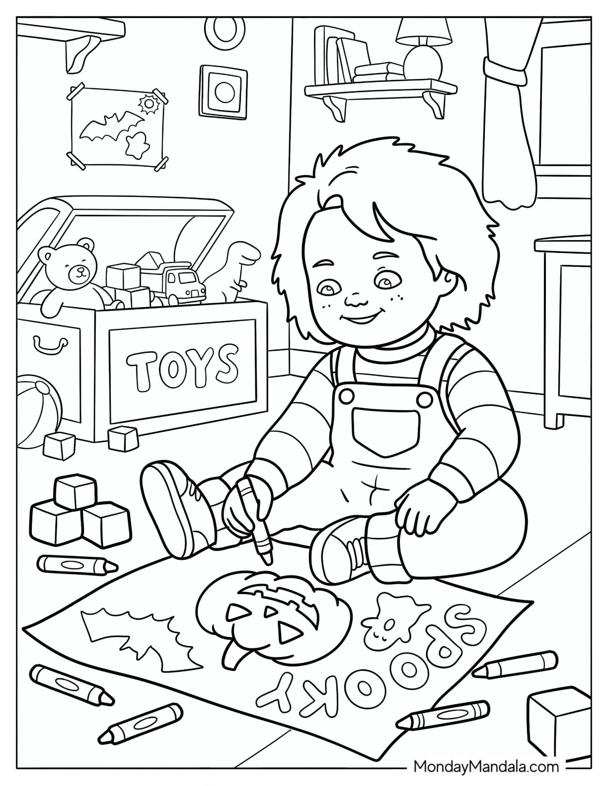 Chucky Coloring A Jack o Lantern Drawing in a Playroom