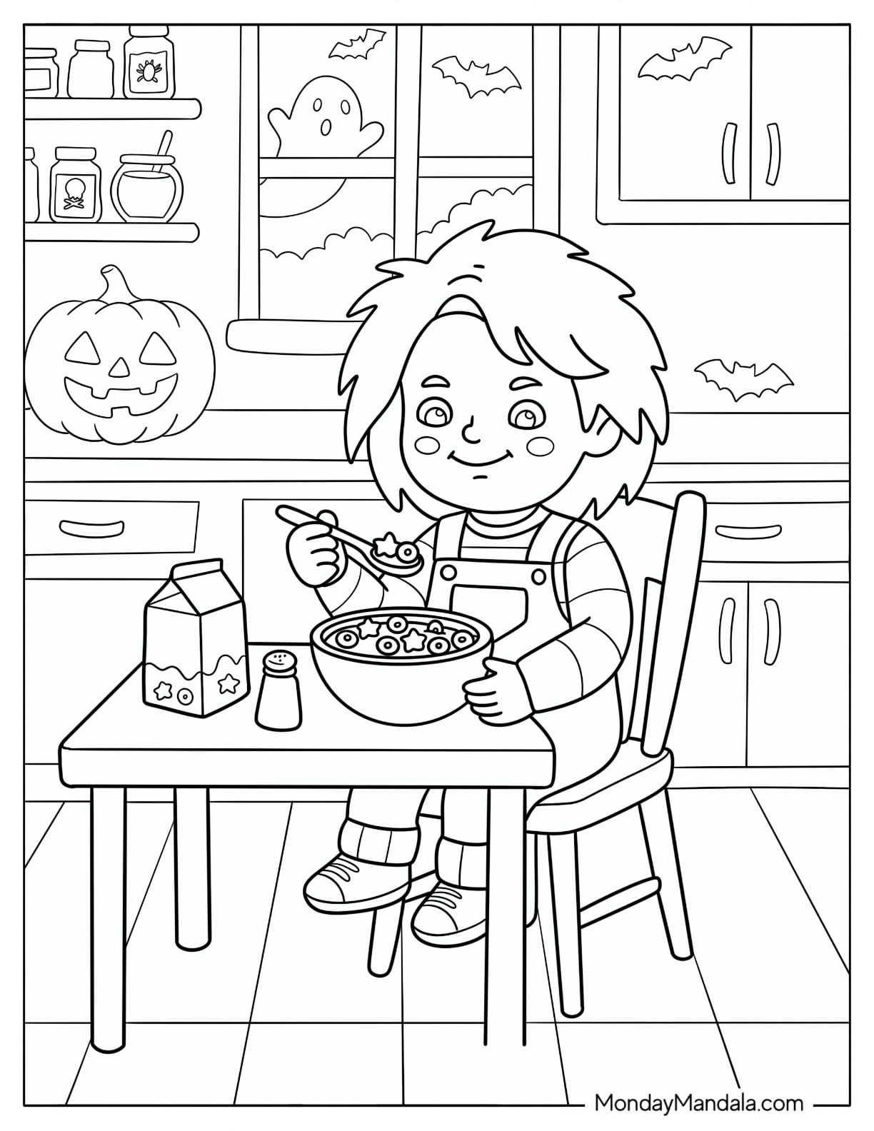 Chucky Coloring Page Eating a Cereal