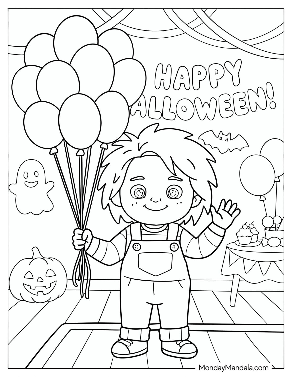 Chucky Coloring Page Holding Balloons in a Birthday Party