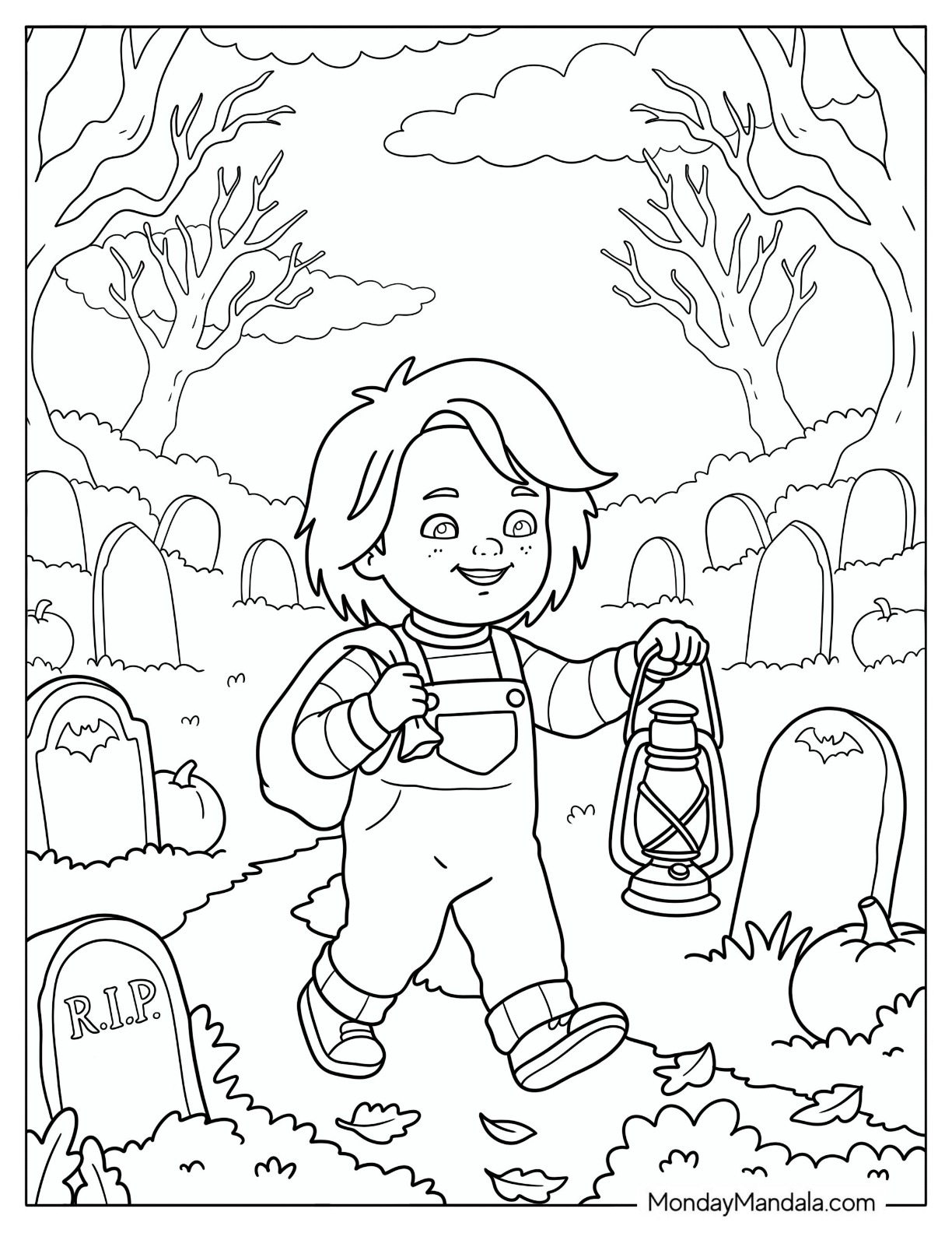 Chucky Coloring Page Holding a Lantern in a Cemetery